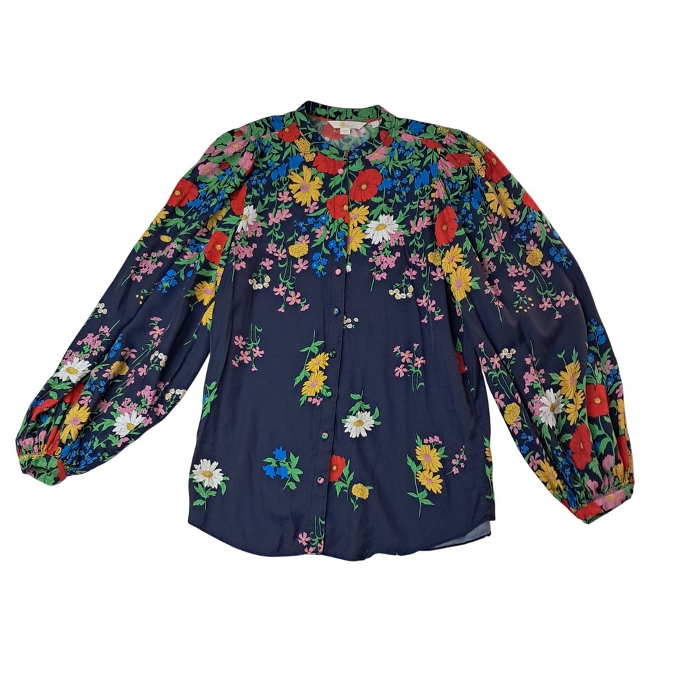 Boden Silk Blend Blouse Womens 6 Navy Floral Puff Sleeve Button Front Office